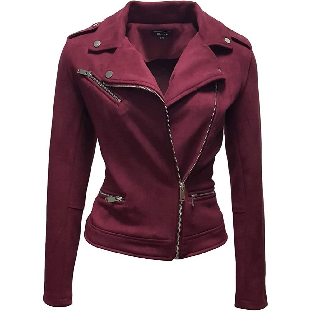 Women's Faux Suede Jacket Long Sleeves Zipper Up Casual Outwear Burgundy